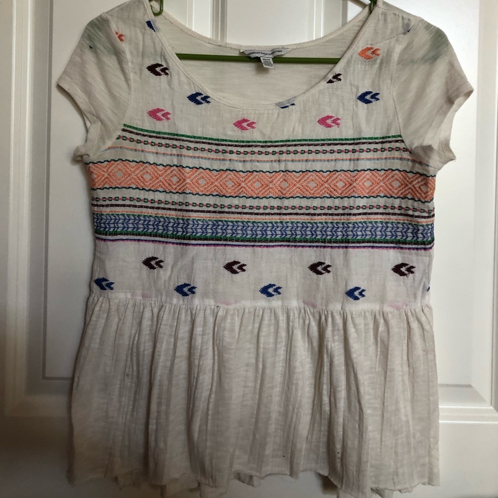 Patterned and Cream Ruffled Short Sleeve Shirt
